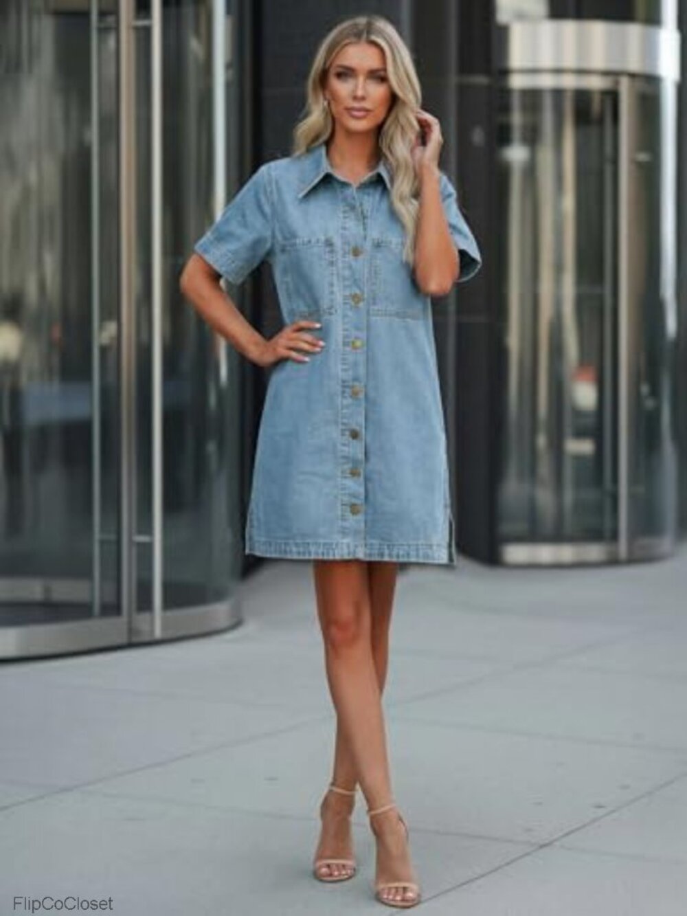 Button Down Denim Dress Short Sleeve Babydoll Mini Jean Shirt Dress - Picture 5 of 6
